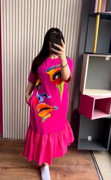 LONG LOOSE PRINTED FRILL TOP TEE