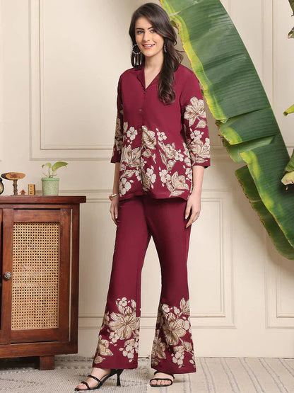 B#255 WINE FLORAL CO-ORD SET