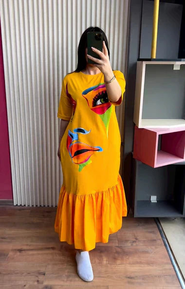 LONG LOOSE PRINTED FRILL TOP TEE