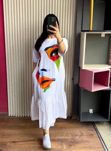 LONG LOOSE PRINTED FRILL TOP TEE