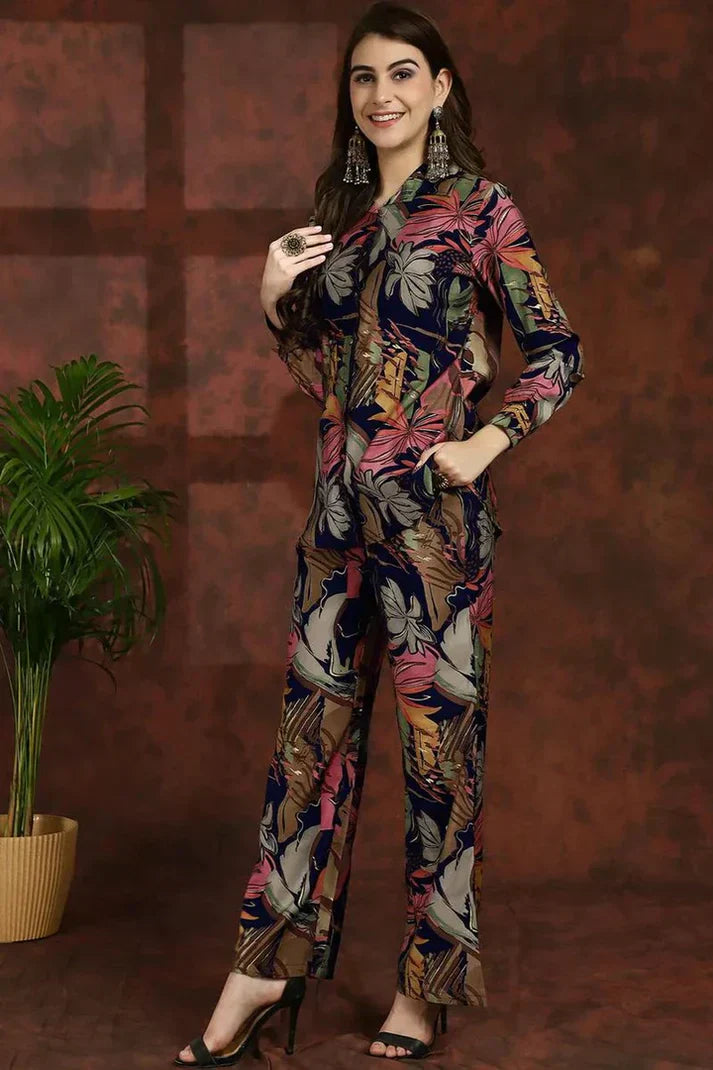 Floral Printed Shirt Collar Tunic with Trousers Co-Ord Set