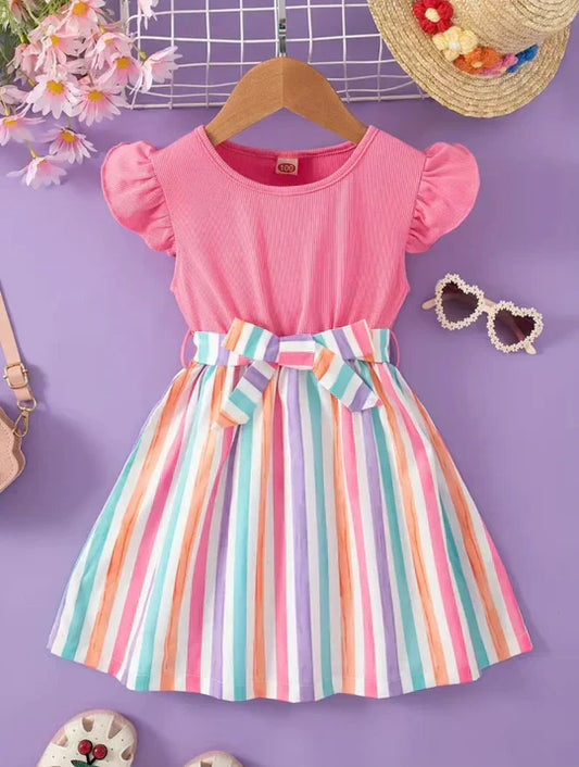 BABY GIRL SPLICING STRIPPED SHORT SLEEVE BELTED DRESS