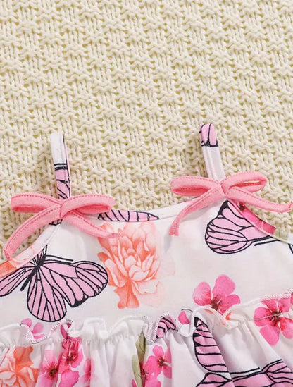 FLORAL & BUTTERFLY PRINT RUFFLE HEM TOP WITH SHORT