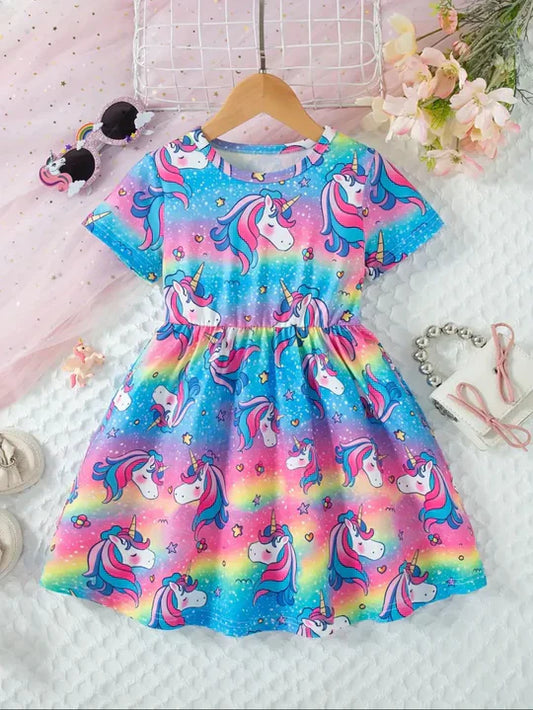 CUTE UNICORN RAINBOW PRINT ROUND NECK SHORT SLEEVE WAIST-CUT DRESS