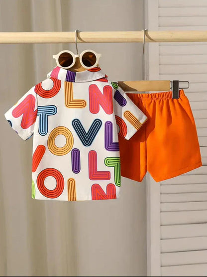 2PCS BABY BOYS LETTER PRINT POLO COLLAR SHIRT & ELASTIC WAIST ORANGE SHORTS SET