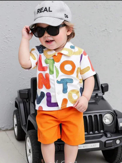 2PCS BABY BOYS LETTER PRINT POLO COLLAR SHIRT & ELASTIC WAIST ORANGE SHORTS SET