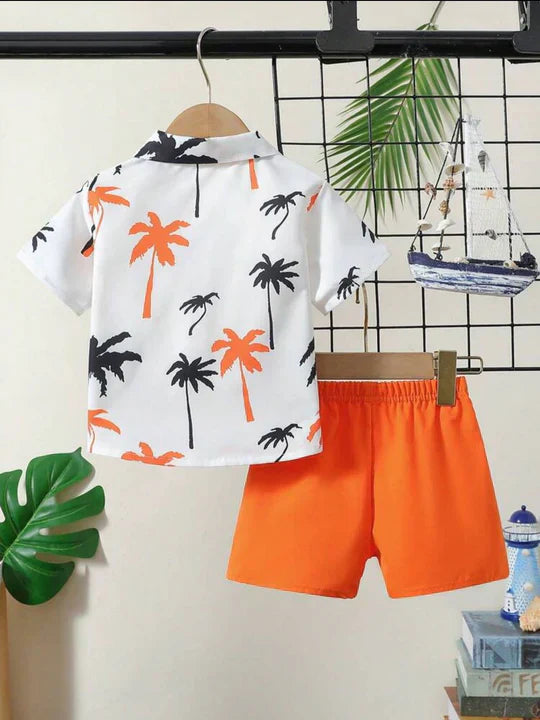 2PCS BABY BOYS TREE PRINT POLO COLLAR SHIRT & ELASTIC WAIST ORANGE SHORTS SET