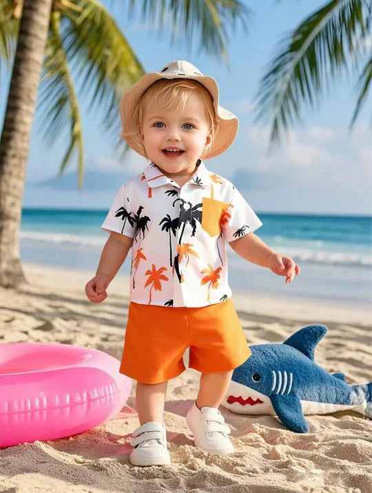 2PCS BABY BOYS TREE PRINT POLO COLLAR SHIRT & ELASTIC WAIST ORANGE SHORTS SET