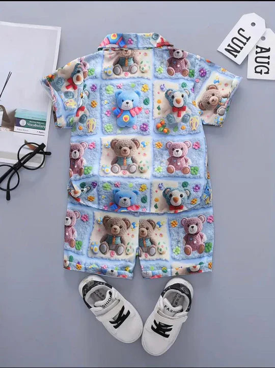 2PCS BABY BOYS BEAR 3D PRINT SHIRT & ELASTIC WAIST SHORTS SET