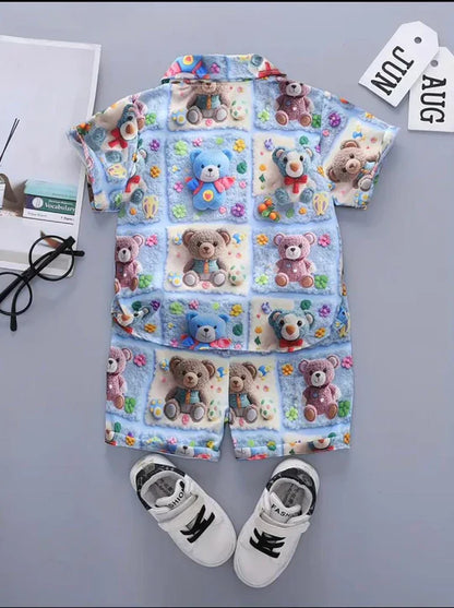 2PCS BABY BOYS BEAR 3D PRINT SHIRT & ELASTIC WAIST SHORTS SET