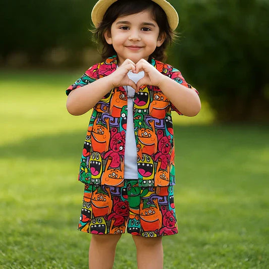 2PCS BABY BOYS CARTOON PRINT SHIRT & ELASTIC WAIST SHORTS SET