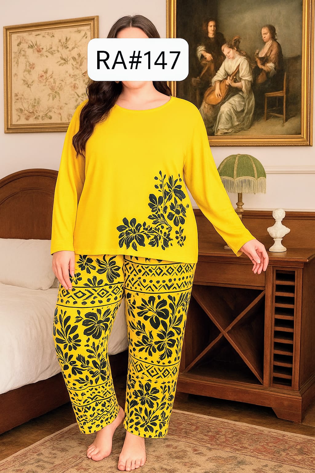 Flower Printed Pajama Set Long Sleeve Full Trousers