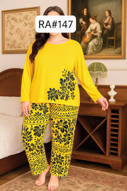 Flower Printed Pajama Set Long Sleeve Full Trousers