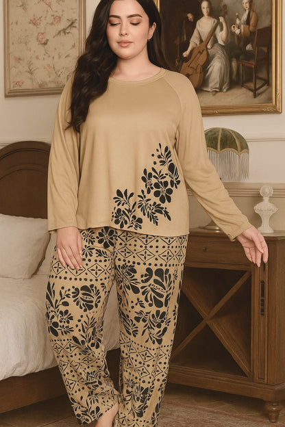 Flower Printed Pajama Set Long Sleeve Full Trousers