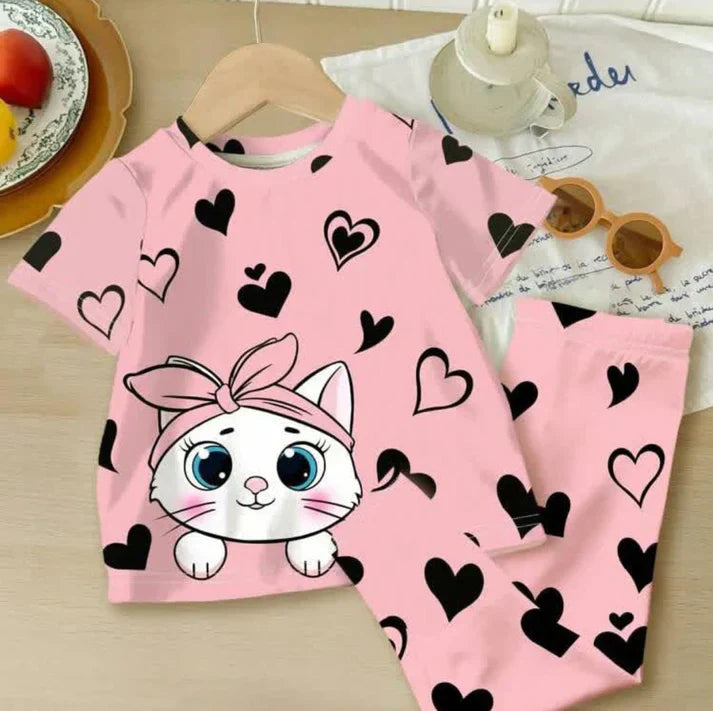 PINK HEART KITTY 2 PCS KID SUIT