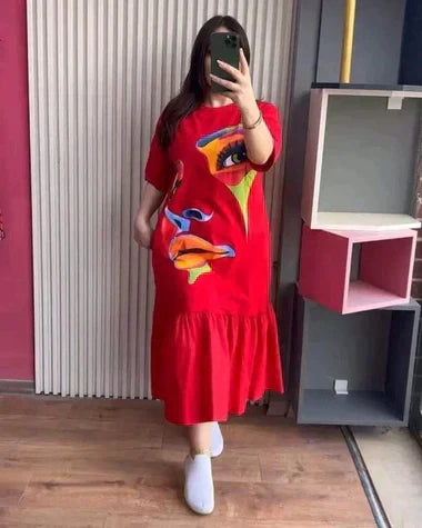 LONG LOOSE PRINTED FRILL TOP TEE